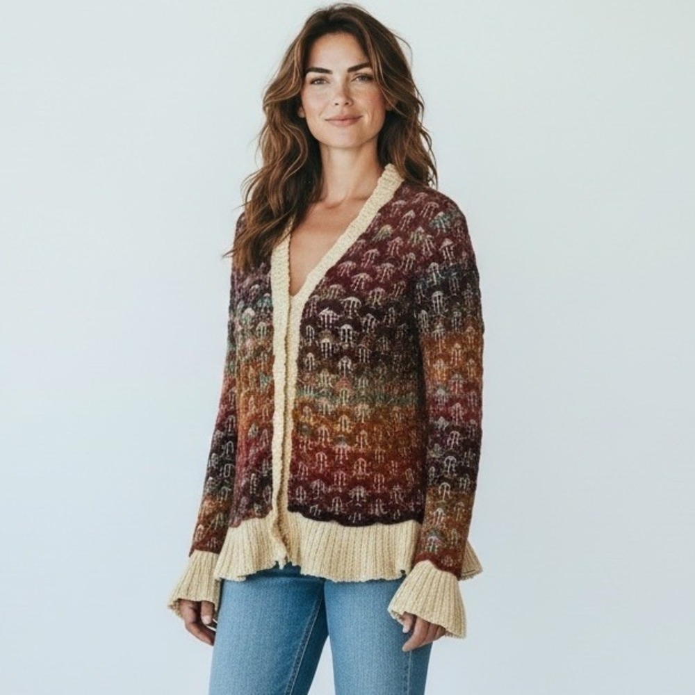 Nanette Lepore Women's size Small Open Cardigan Sweater Crochet Ruffle Trim‎